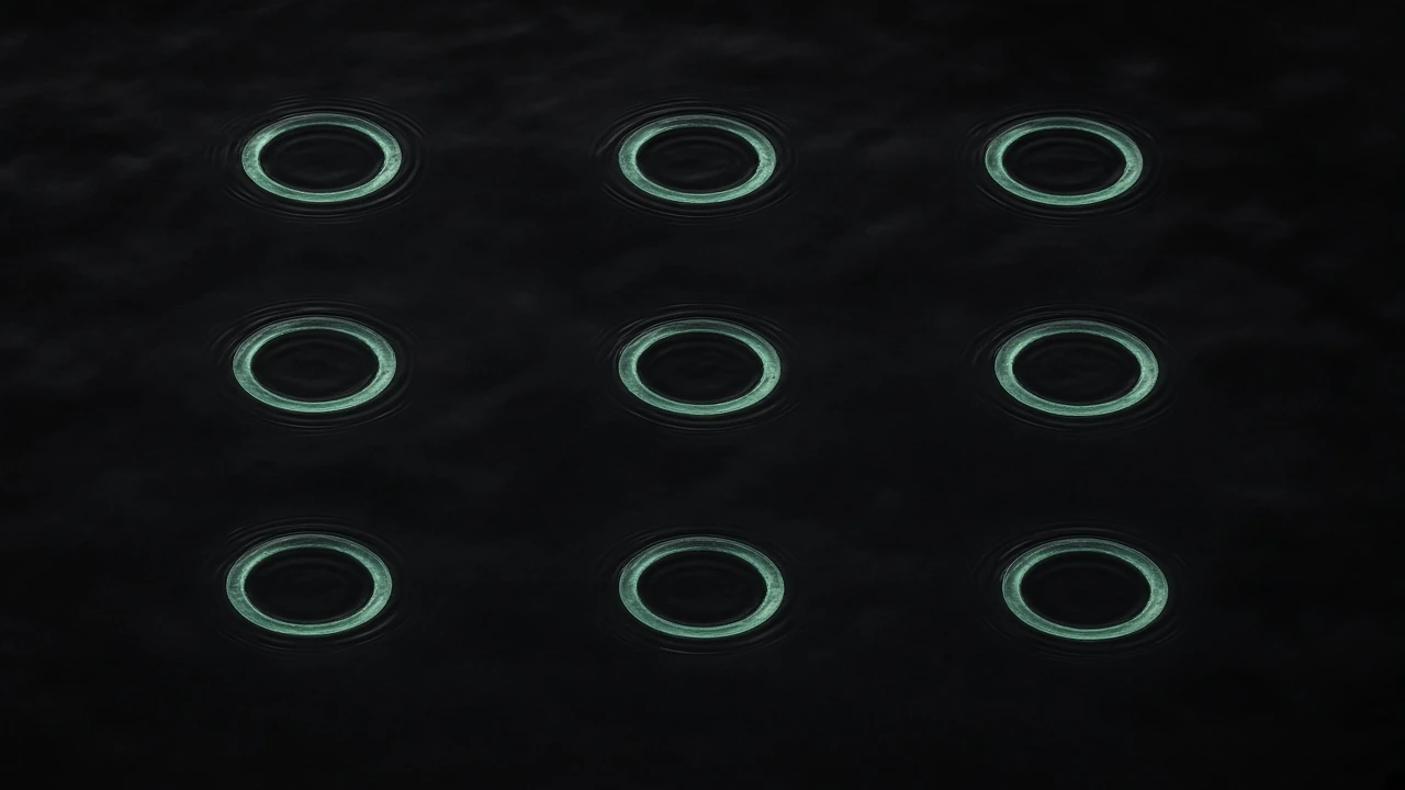 Nine separate pale ripples on black water.