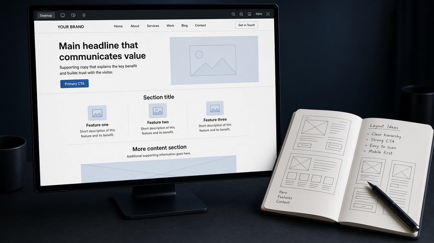 Blank website wireframe on a monitor beside a sketchbook