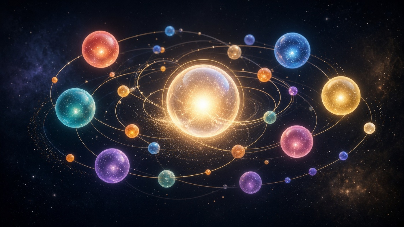 Abstract constellation of model replies orbiting a single merged answer