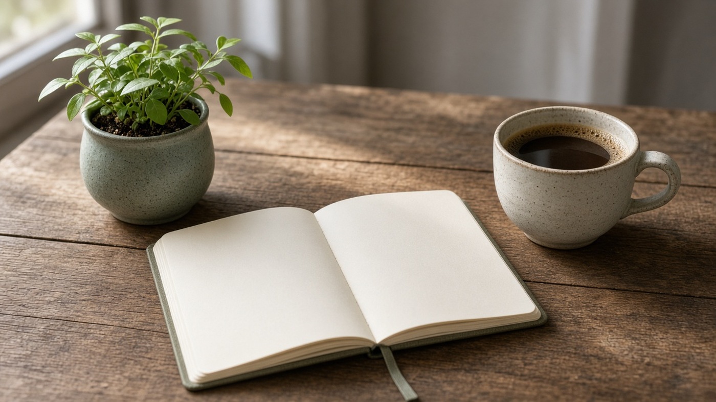 Small potted plant and a notebook beside a cup of coffee