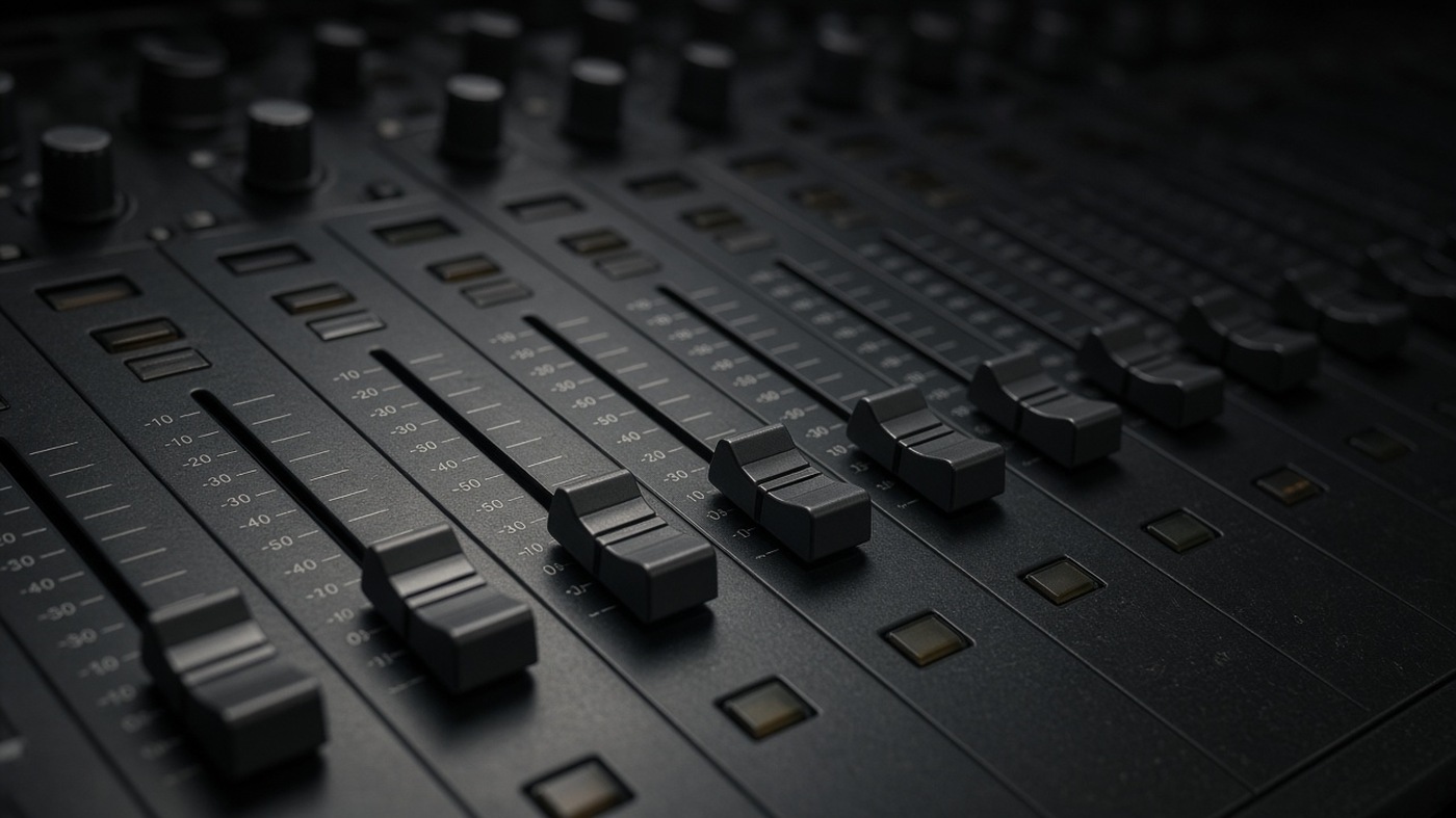 Close mixing board faders under low studio light