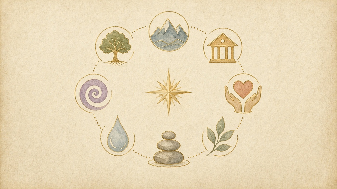 Eight colored foundation symbols arranged in a circle on parchment