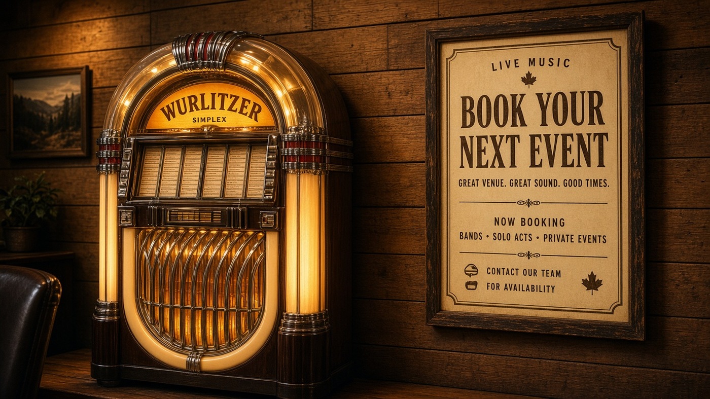 Vintage jukebox glow beside a booking poster on warm wood