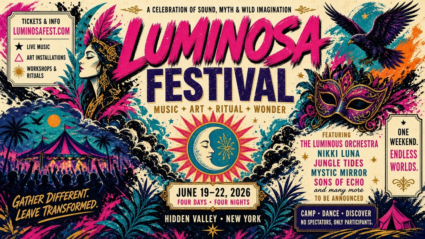 Dense colorful festival poster covered in type and illustration