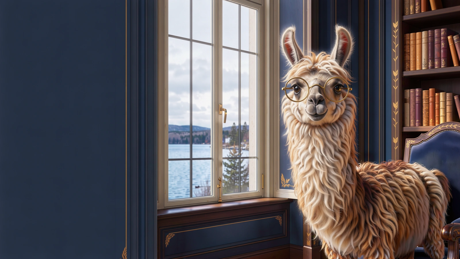 Soft Margins llama mascot with brass spectacles in a blue and ivory reading room